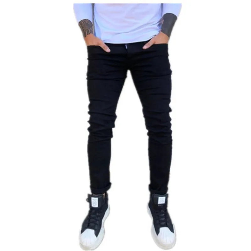 Spring Autumn New Black Stretch Men's Jeans Slim Small Feet Casual Simple Solid Color Male Skinny Denim Trousers Streetwear