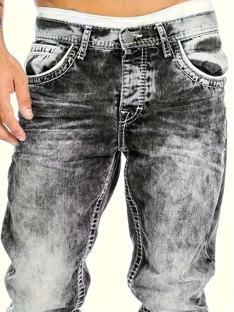1pc Men's Casual Slim-Fit Stretch Jeans, Fashionable Street-Style Gradient Denim Pants with Washed-Out Look, Regular Fit, Machin