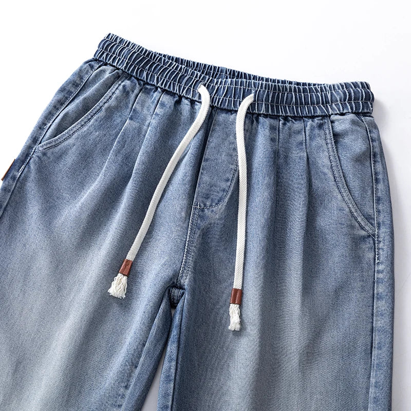 Elastic Waist Fashion Loose Jeans Men Spring Summer Thin Lyocell Classic Straight Denim Pants Casual Stretch Jogging Trousers