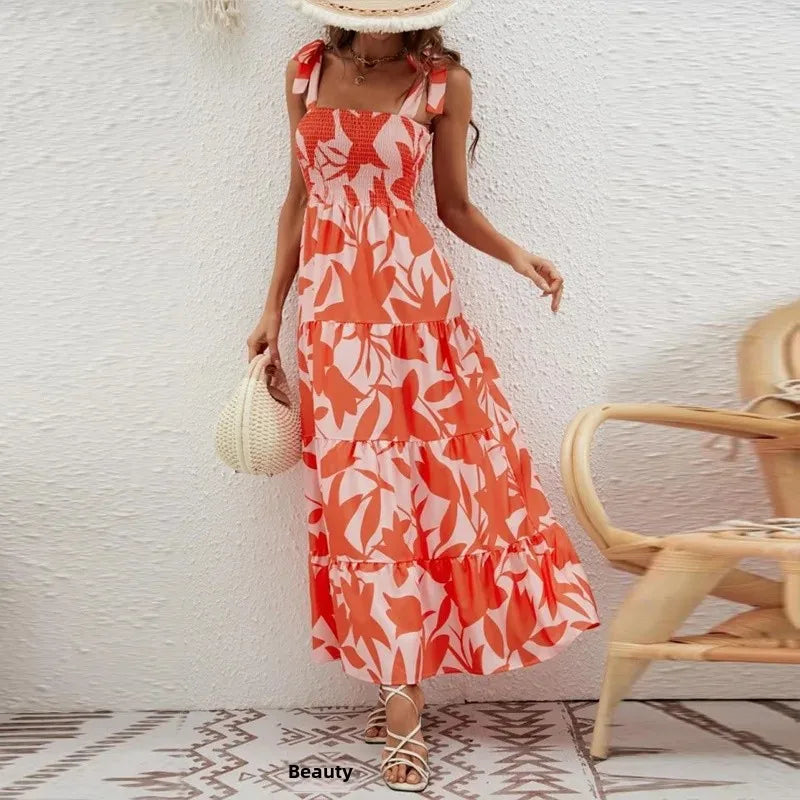 2023 New High-Waisted Printing Strapless Dress Women's Self-Independent Realistic European and American Style Amazon Wish