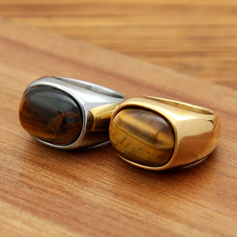 Classic Natural Tiger Eye Brown Stones Rings For Men Women Simple Stainless Steel Stone Ring Punk Fashion Jewelry Gift Wholesale
