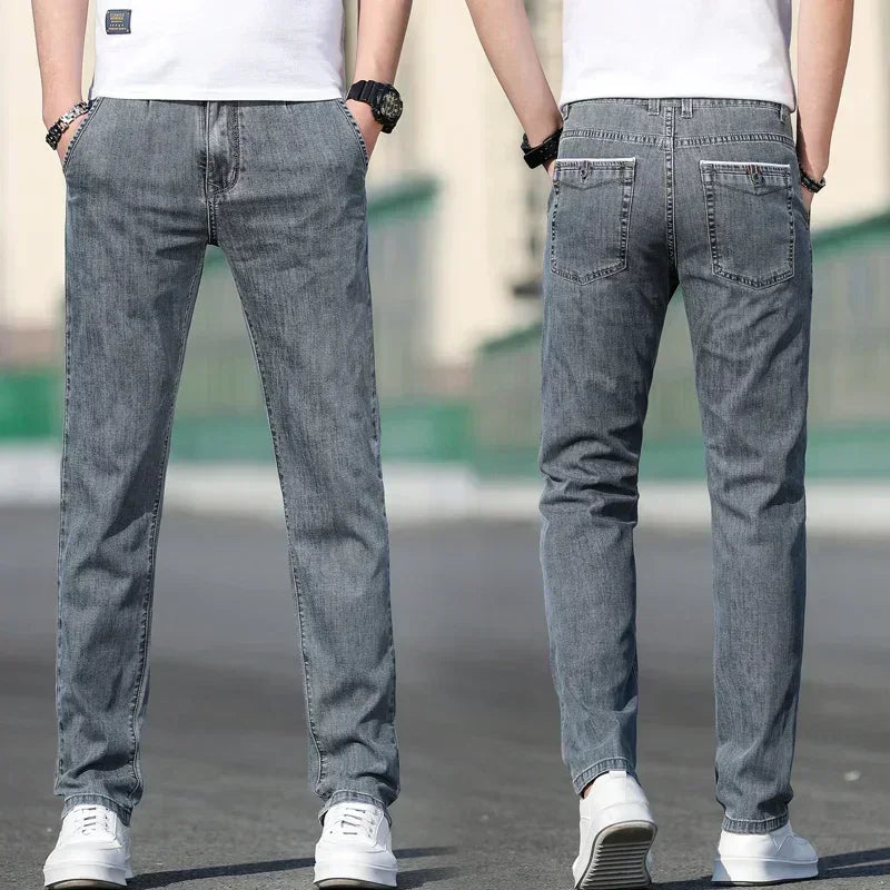 Thin Men's Baggy Soft Casual Jeans Gray Summer Fashion Versatile Comfortable Stretch Straight Casual Jeans Light Blue Male