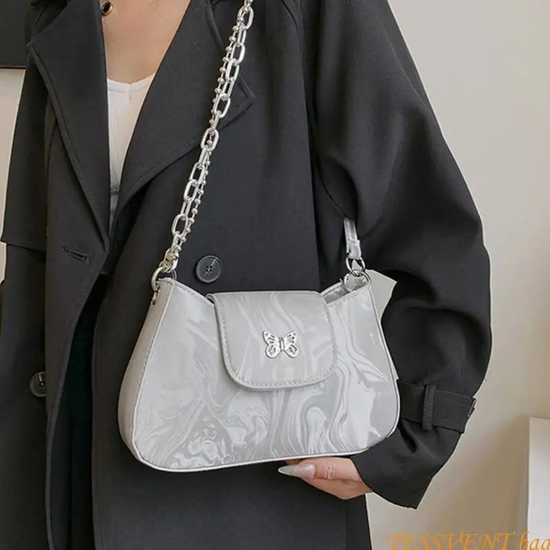 Fashionable Handbag Retro PU Leather Shoulder Bag with Butterfly Designs for Women Korean Solid Color Underarm Purse F42A