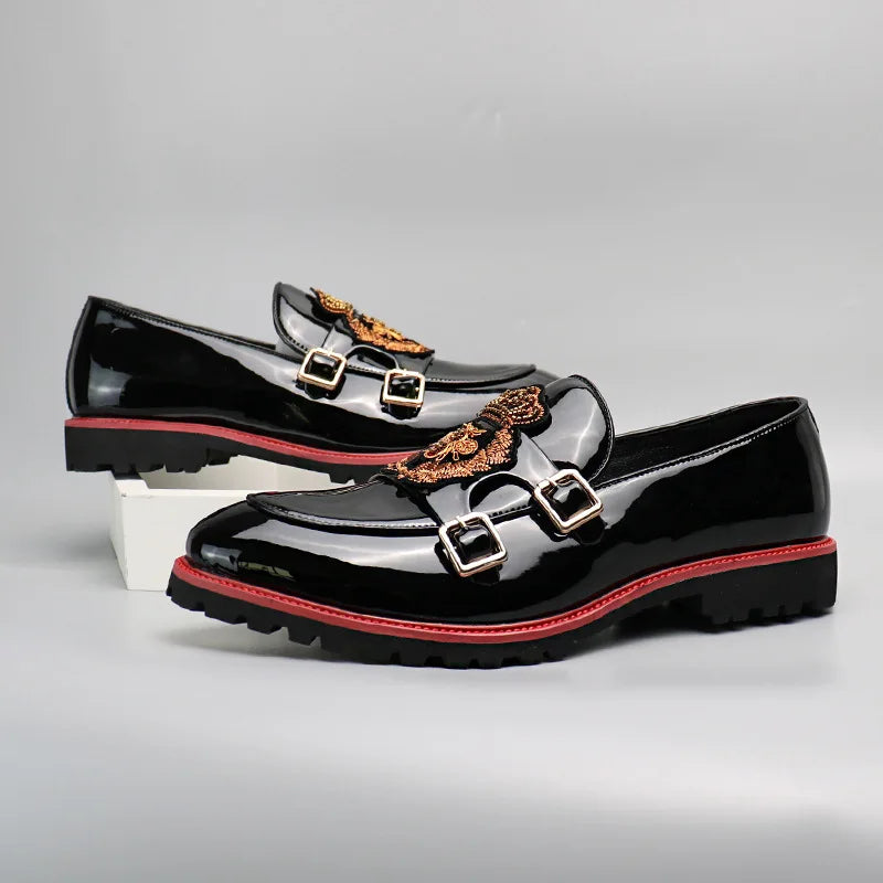 Men's Casual Leather Shoes Fashion Embroidery Men British Style Monk Shoes Mens Slip-on Outdoor Flats