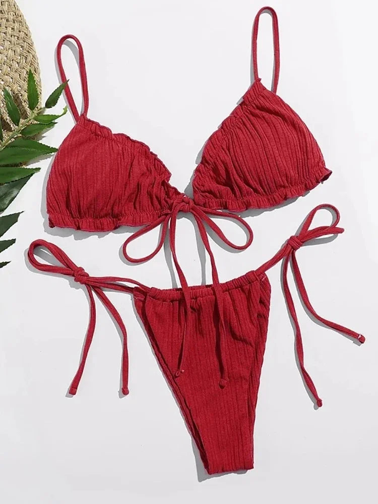 New Sexy Swimsuit Pit stripe Bikini Women Swimwear Bathing Suits Push Up Biquinis Bandage Beachwear Solid Bikini Sets