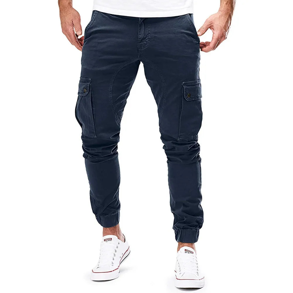 Street Elastic Jeans Men Denim Cargo Pants Wash Solid Color Multi Pockets Casual Mid Waist Trousers Slim Fit Daily Wear Joggers