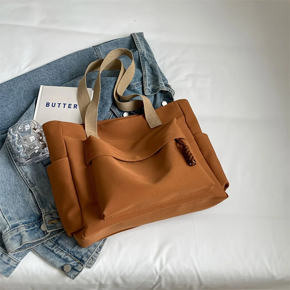 Nylon Tote Bag with Multiple Pocket Lightweight Foldable Design for Office Commute Shopping Fitness Storage Handbag Shoulder Bag