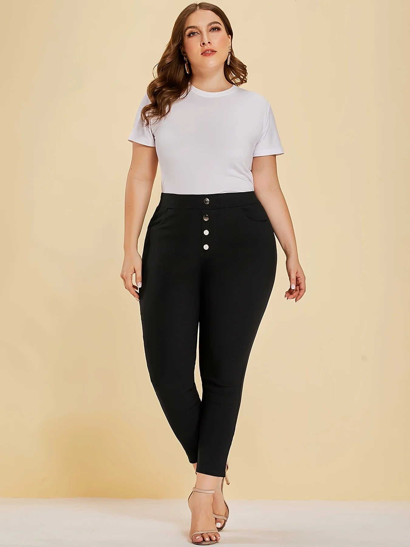 New women plus size extreme waist-hip style high elastic fabric button design yoga class pants nine-quarter pants