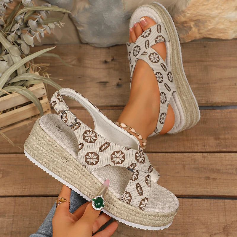 Cross Strap Espadrille Platform Sandals for Women Bohemian Floral Print Wedge Sandals Woman Summer Thick Sole Casual Beach Shoes