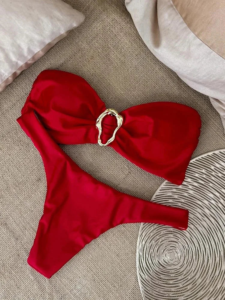 New Summer Swimwear Bikini Set Sexy Solid Strapless Bikini 2 Piece Set Women Split Swimsuit Low Waist Beach Bikini