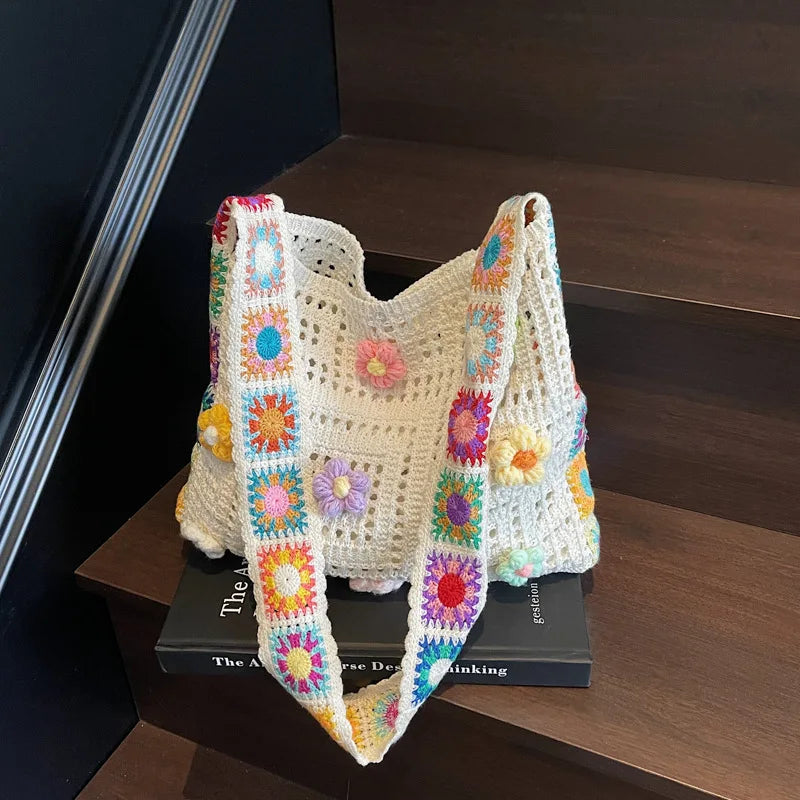 Women's Boho Crochet Bag Designer Flowers Knitted Handbags Large Capacity Summer Beach Woven Shoulder Bag Girls Tote Shopper Bag