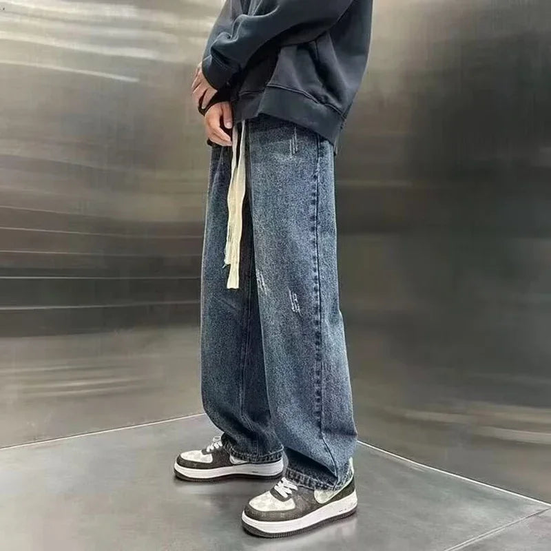 Men's Fashion Versatile Wide Leg Denim Pants Korean Concise Style Streetwear Trousers Lace Up Design Straight Casual Jeans Male