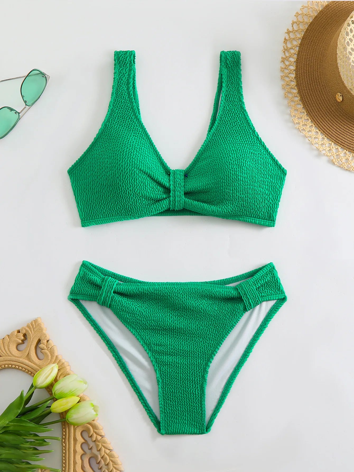 Summer New Women's 2 Piece Swimsuit Solid Color High Waist Bikini Set V-neck Backless Beach Vacation Bathing Suit Swimwear
