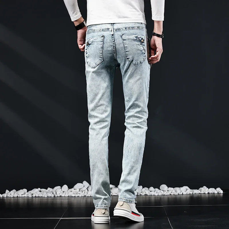 Slim Skinny Jeans Men New Elastic Korean Design Fashion Multi-Button Blue White Vintage Wash Cotton Stretch Denim Pants Trousers