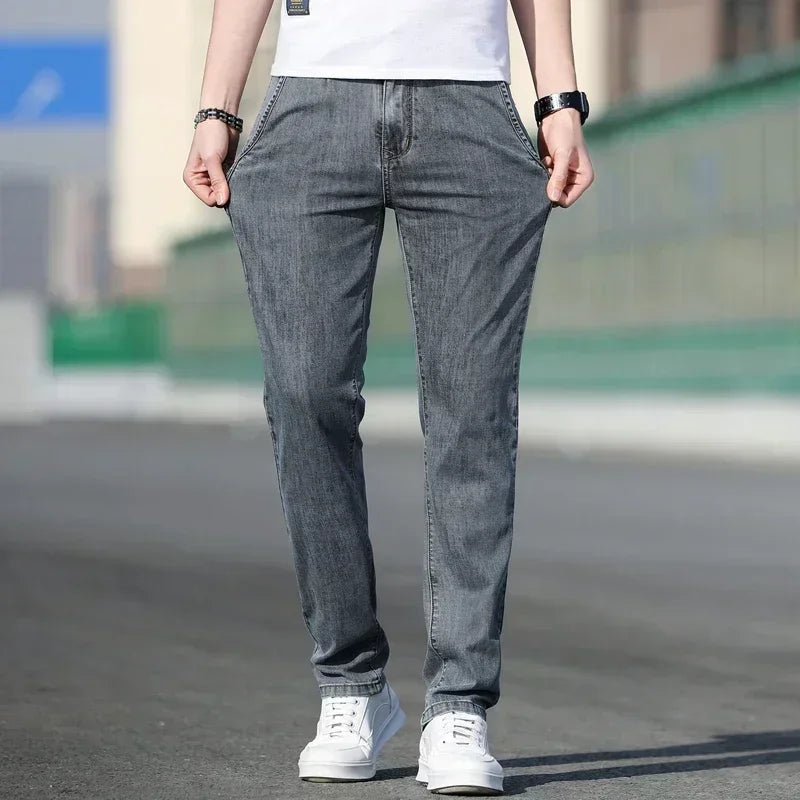 Thin Men's Baggy Soft Casual Jeans Gray Summer Fashion Versatile Comfortable Stretch Straight Casual Jeans Light Blue Male
