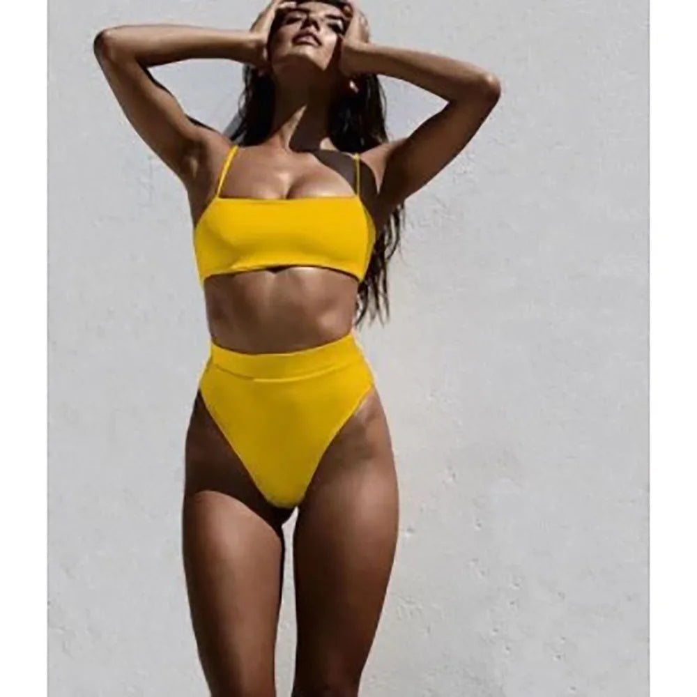 New Bikini High Waist Sling Sexy Bikini Women Swimwear Fashion Swimsuit Padded Bathing Suit Monokin Pure Color Women