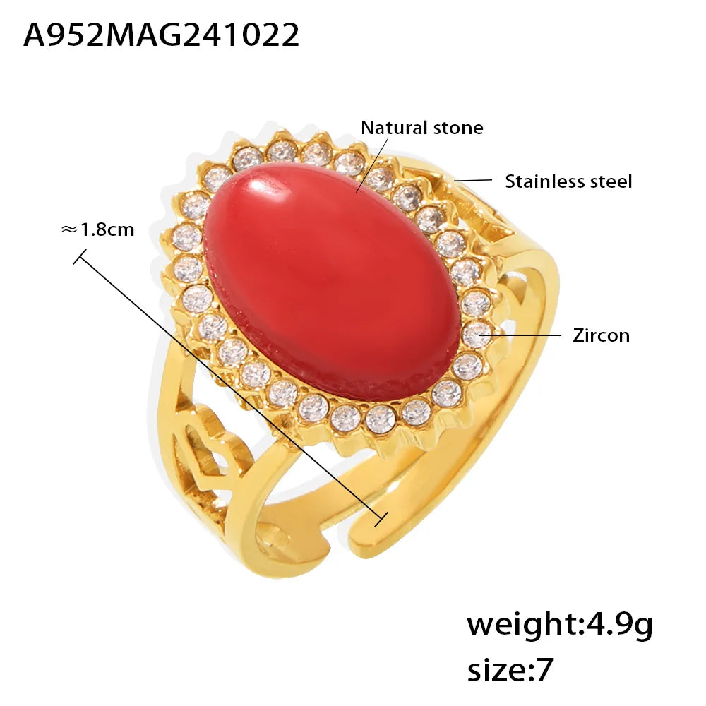 Oval Blue Red Stone Ziron Stainless Steel Rings For Women Gold Plated Waterproof Adjustable Ring Charm Luxury Jewelry