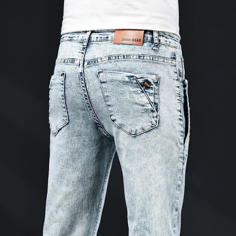 Slim Skinny Jeans Men New Elastic Korean Design Fashion Multi-Button Blue White Vintage Wash Cotton Stretch Denim Pants Trousers