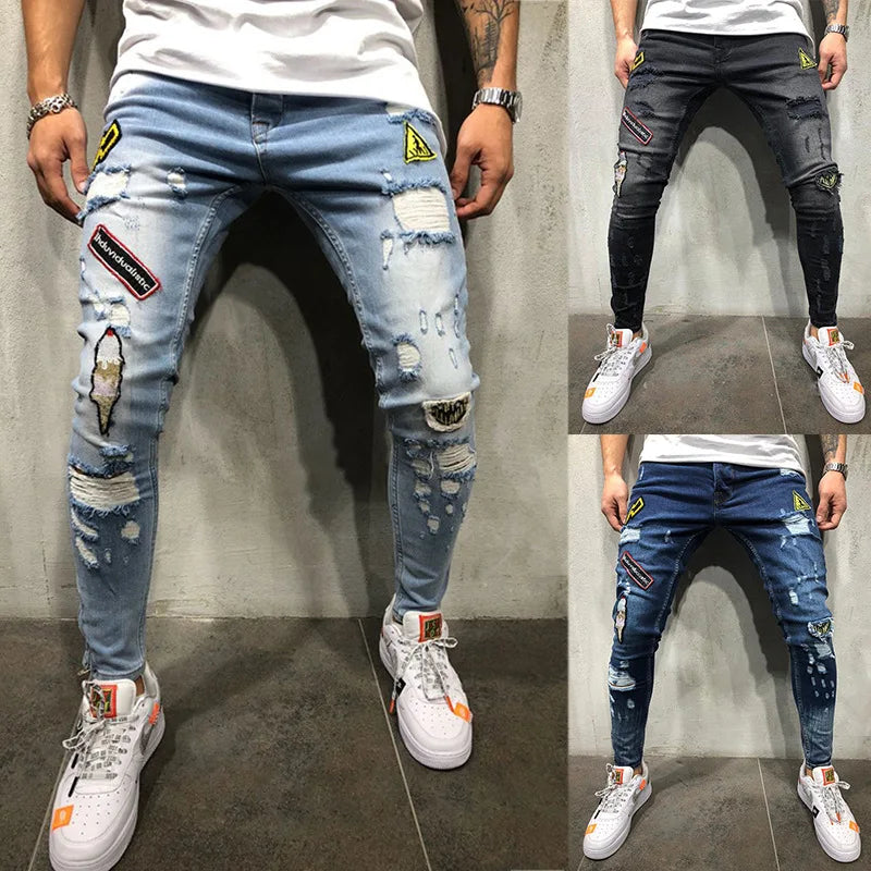 European and American Best-selling Men's Hip Hop High-End Slim-Fit Ripped Slim-Fit Pants, New Style Micro-Badge Slim-Fit Jeans
