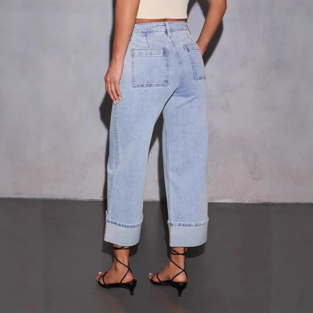 2025 Four Seasons New Stretch Jeans, Washed High-waisted Jeans, Fashionable, Casual, Trendy, Versatile Wide-leg Pants for Women