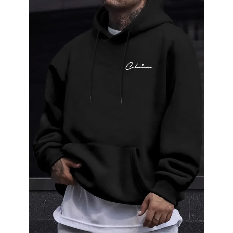 2025 New Simple Printed Men's Casual Hoodie Comfortable Hoodie with Kangaroo Pocket Loose Casual Four Seasons Street Hoodie