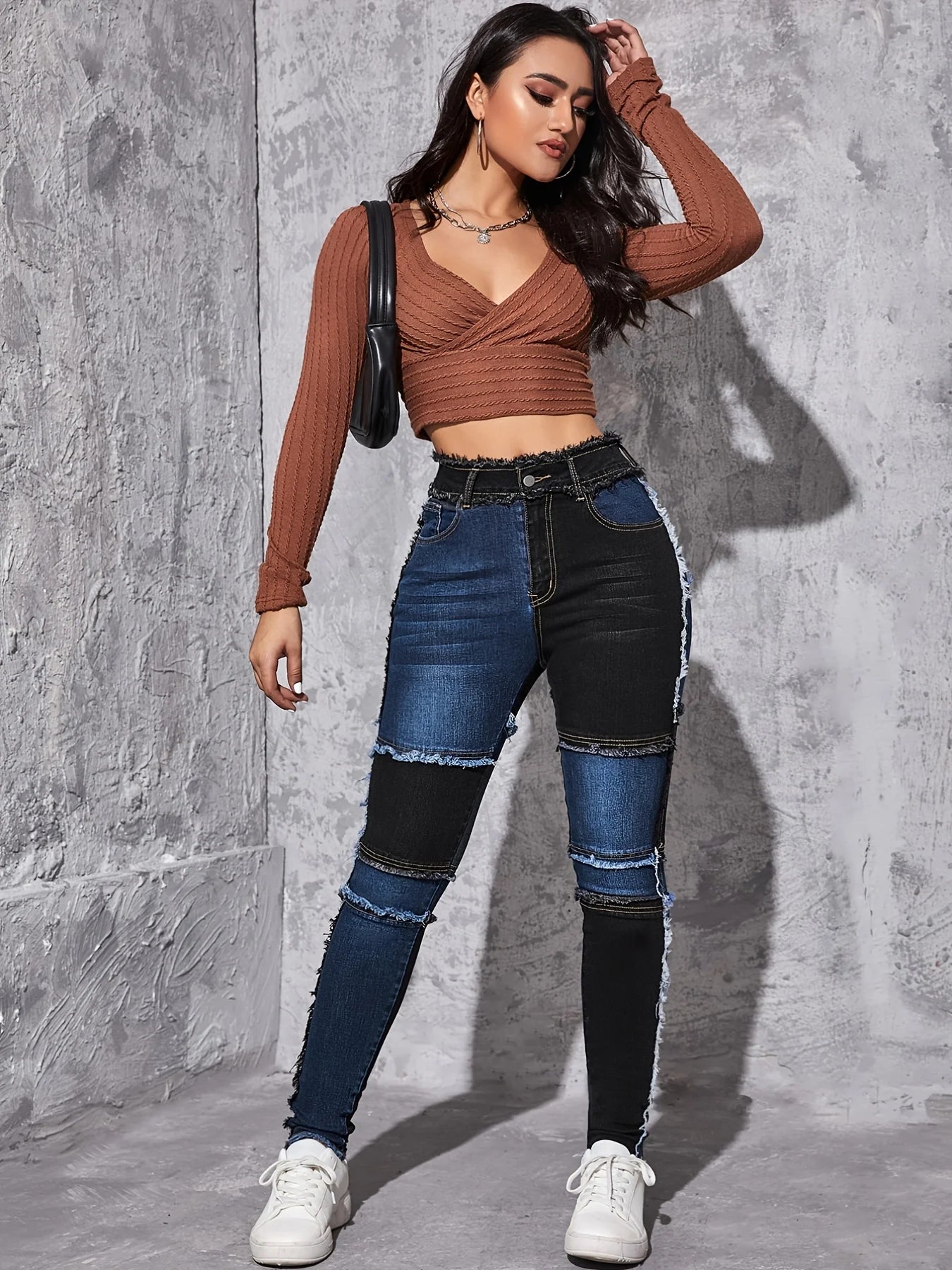 Women's jeans trendy two-color stitching Denim trousers