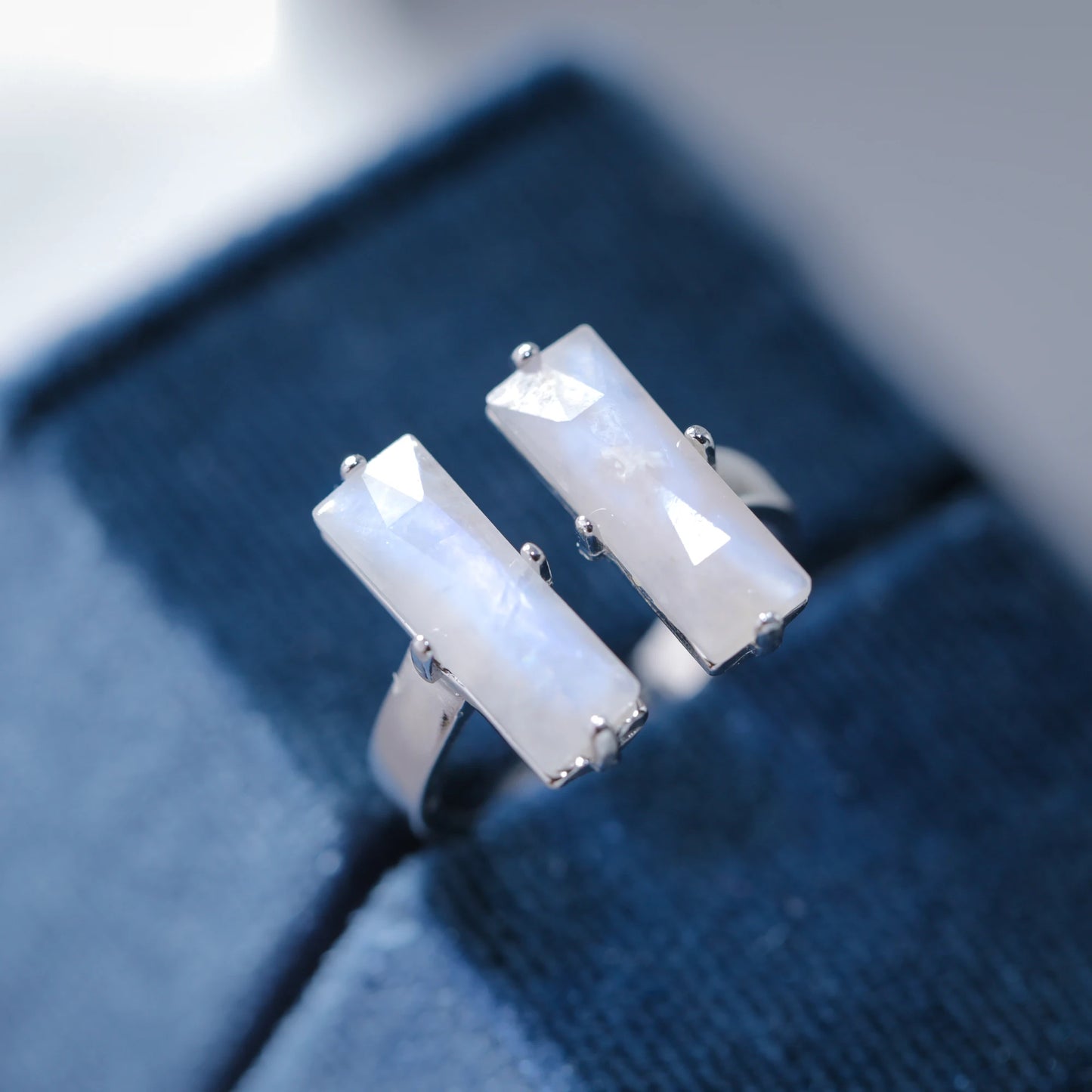 Baguette Cut Natural Moonstone Gemstone Engagement Ring 925 Sterling Silver Adjustable Band for Women Blue Stone Promsie Gifts