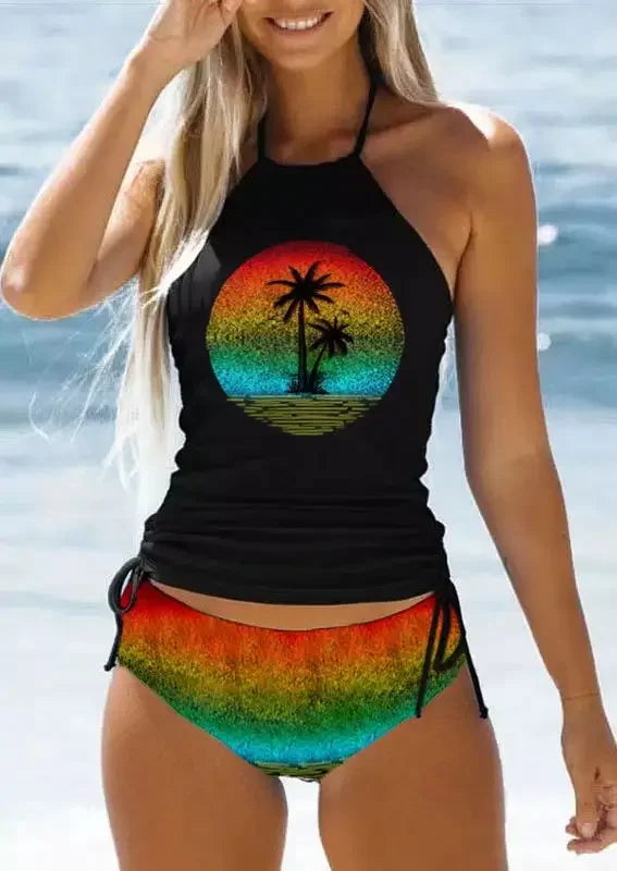Women's Bathing Suit Coconut Drawstring Side Halter Neck Tankini Set Summer Beach Wear Cute Swimwear Women Swimsuit Sexy Bikini