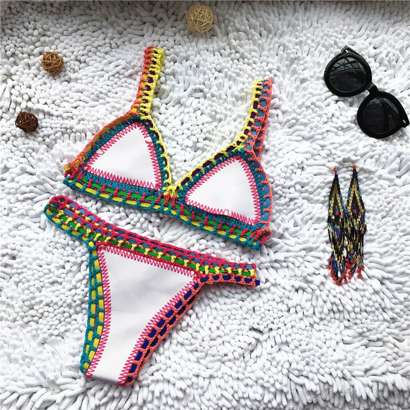 Women Handmade Crochet Knit Swimwear Halter Patchwork Bathing Suit Swimsuit Biquini Thong Bikini traje de bano