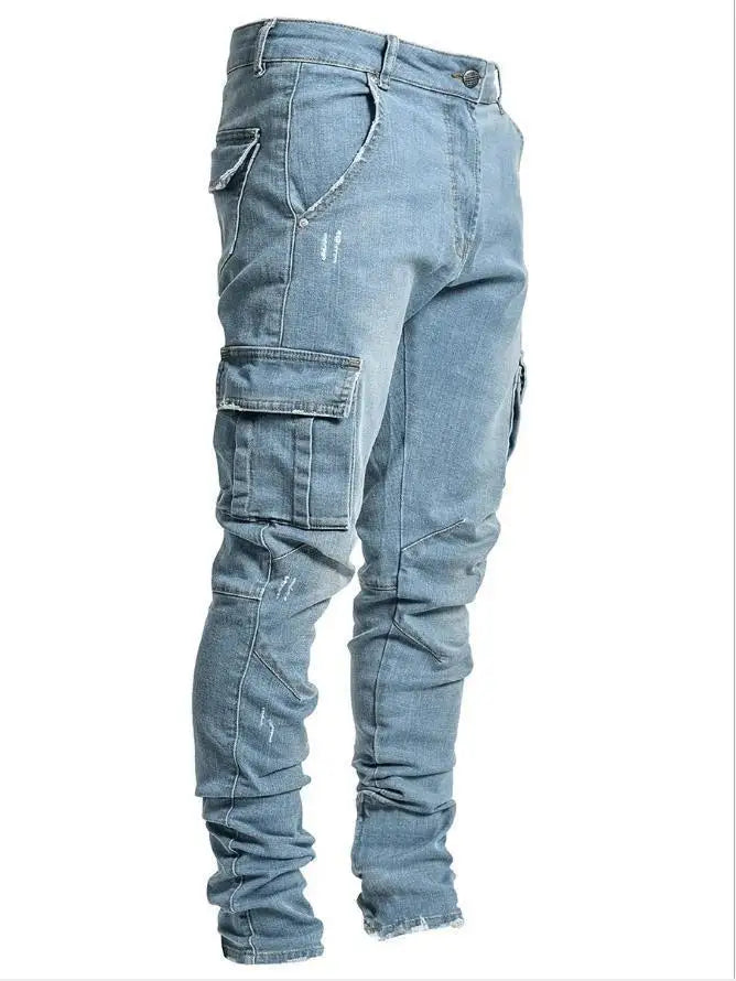 2025 New Men Street Elastic Denim Brand Jeans Narrow Legs Multi Pockets Cargo Pants Casual Slim Fit Daily Wear Joggers Mid Waist