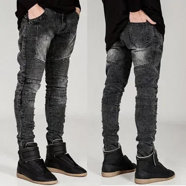 Men Washed Distressed Jeans Pencil Pants Mid Waist Denims Vintage Pockets Button Zipper Fly Streetwear Ankle Length Trousers
