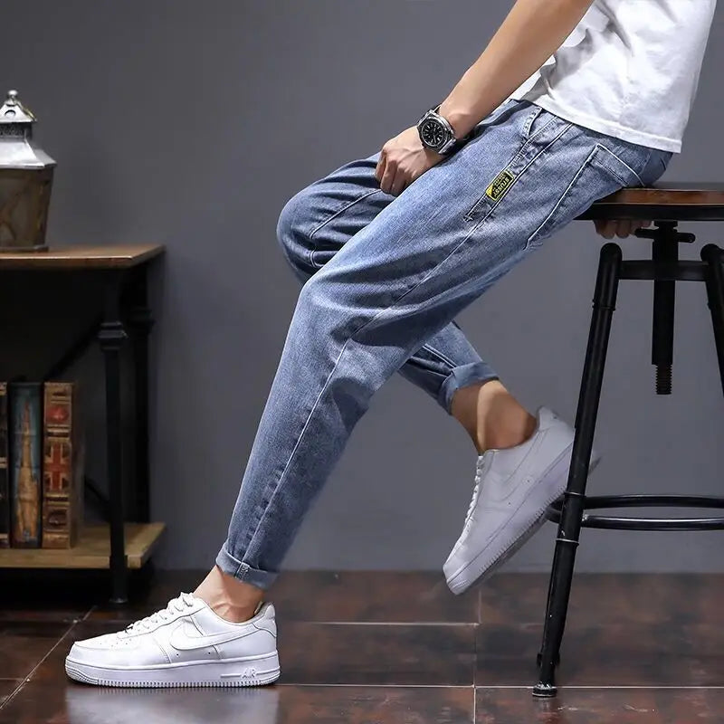 Elastic Lace Up Denim Jeans Men's Trend Versatile Pants 2022 Students Teenagers Men's Japanese Harem Leg 2022 Men's Cargo Pants