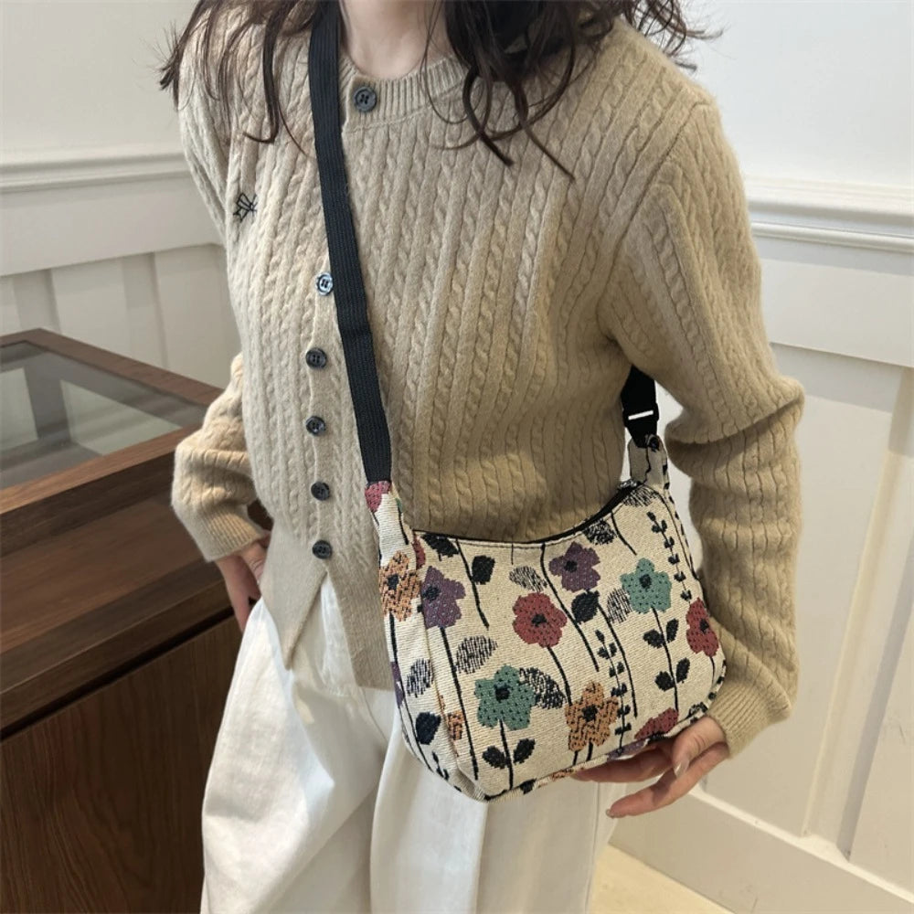 Vintage Literary Prints New Women's Bags Versatile Large Capacity Casual Simple Elegant Shoulder Crossbody Bag for Woman