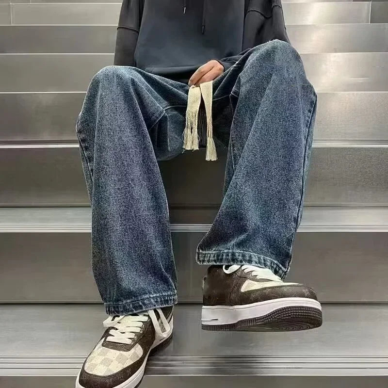 Men's Fashion Versatile Wide Leg Denim Pants Korean Concise Style Streetwear Trousers Lace Up Design Straight Casual Jeans Male