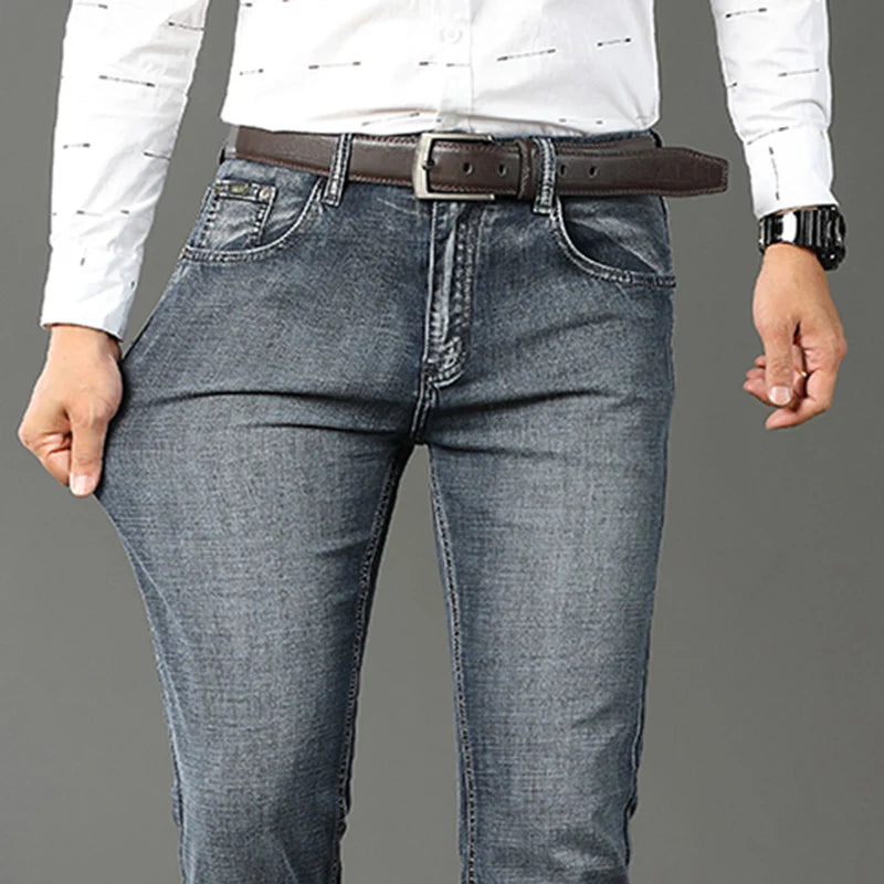 Male All-match Brand Trousers Four Season Men's High Quality Jeans Business Casual High Waist Denim Pants Simplicity Cool