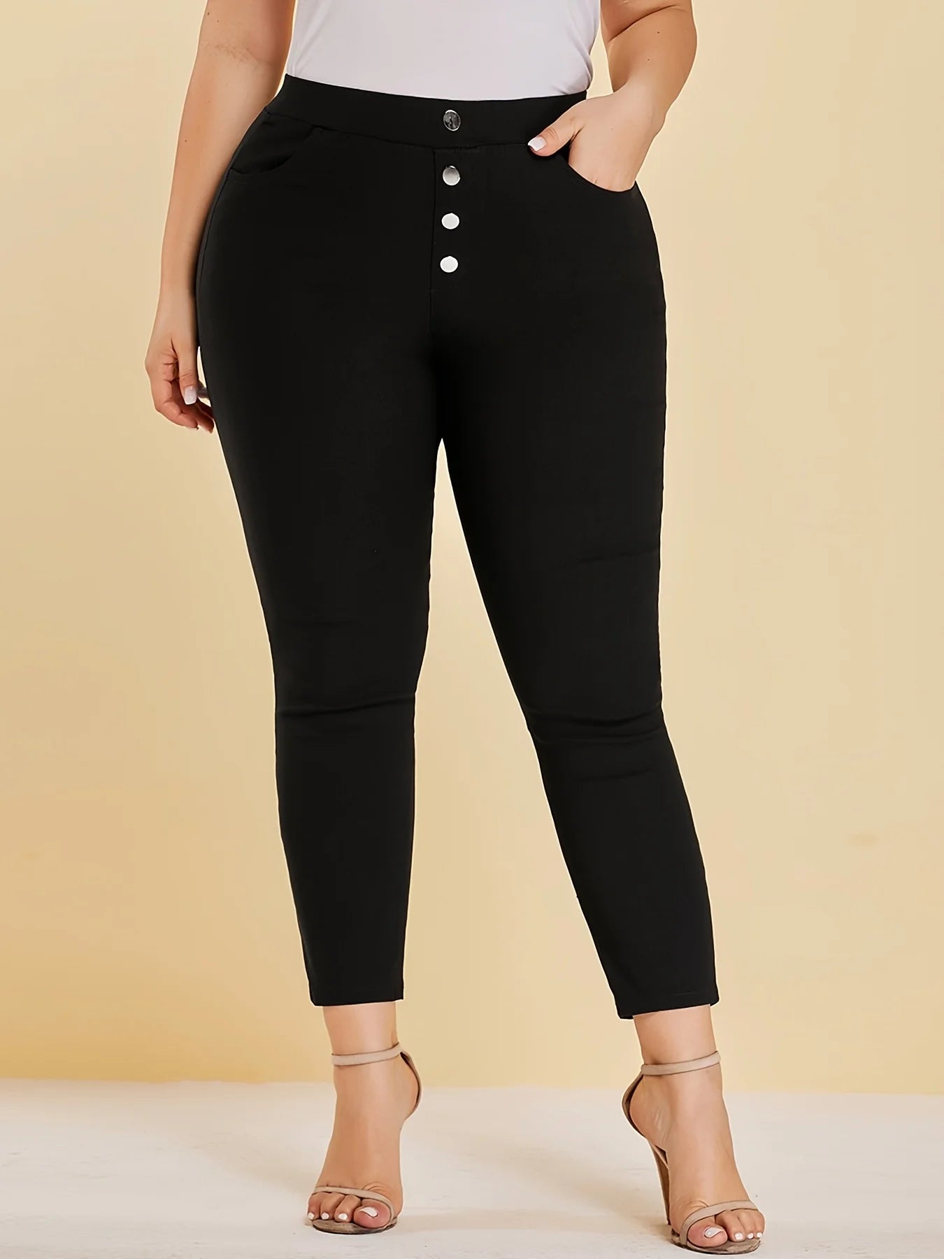 New women plus size extreme waist-hip style high elastic fabric button design yoga class pants nine-quarter pants