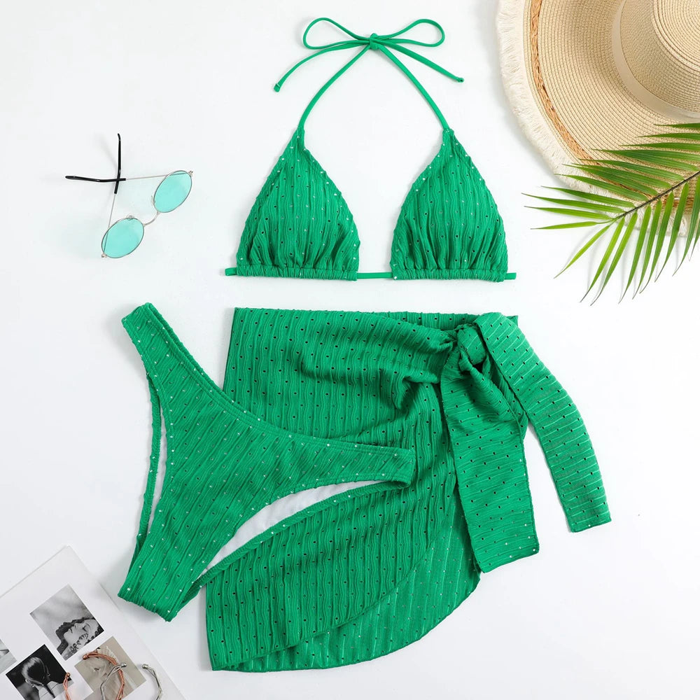 Summer Halter Bikini 3 Pieces Women Special Material Sexy Thong Swimwear With Sarong Skirt White/Black/Pink/Green Beachwear