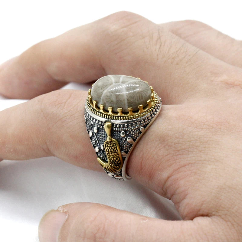 Fashionable men's handmade ring jewelry natural gold coral stone handmade s925 silver ring men's party gift