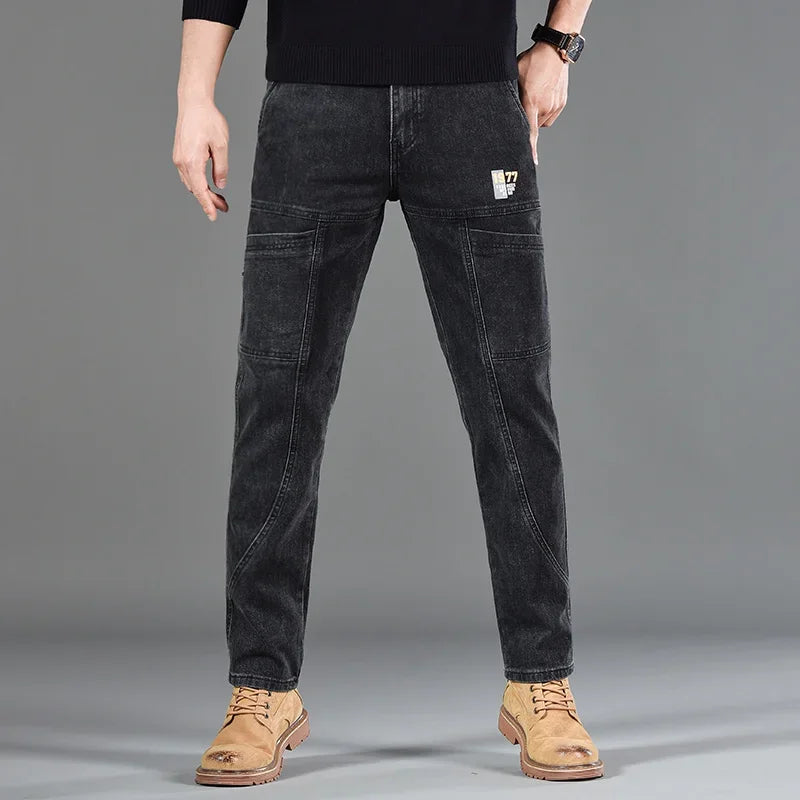 2025 New Style Jeans Men's Slim Fit Korean Style Comfortable Straight Leg Elastic Gray Mid Waist Pants Men's Casual Denim Pants