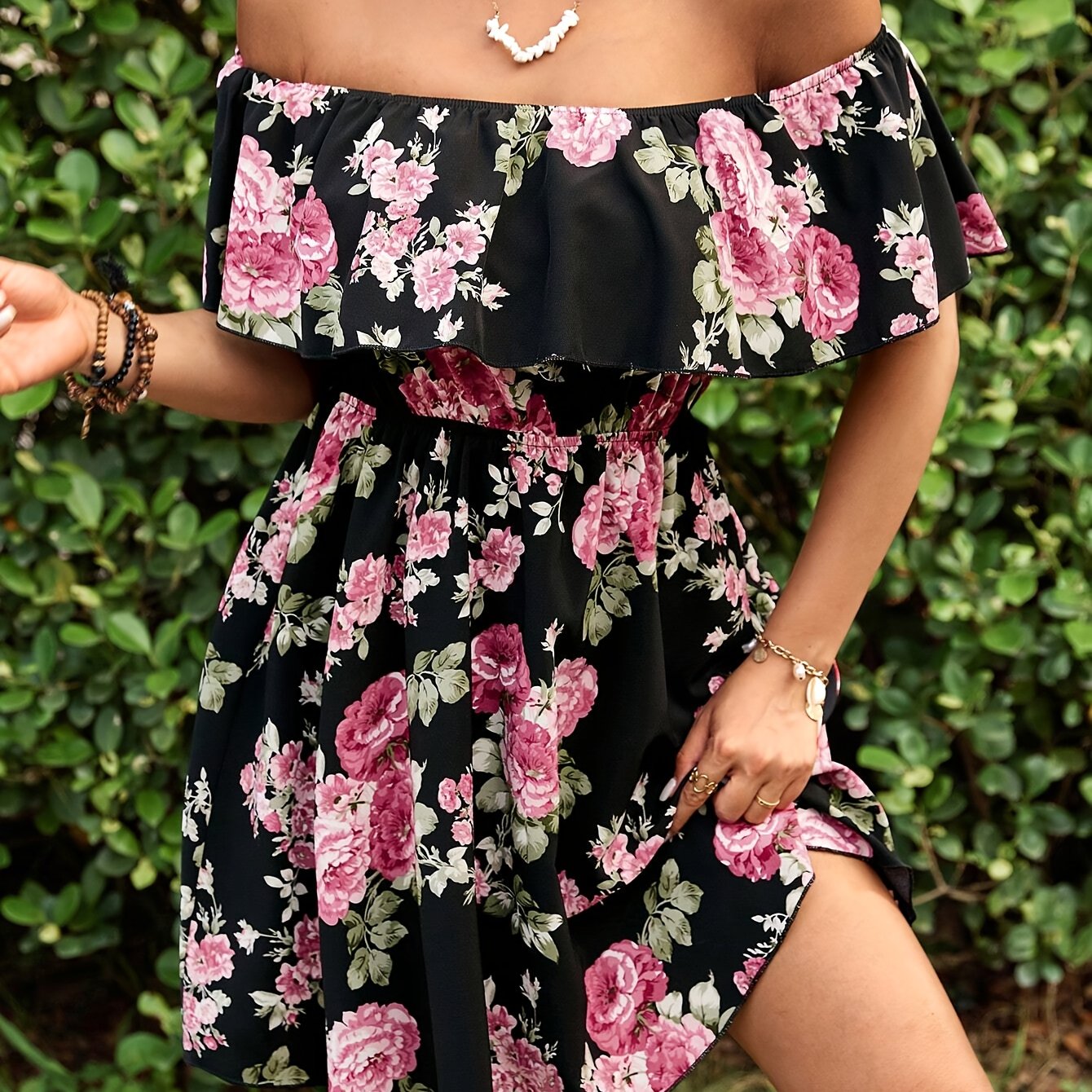 Chic Bloom, Elegant Off-Shoulder Floral Dress for Women - Ruffle Sleeves, A-Line, Perfect for Spring/Summer Vacations