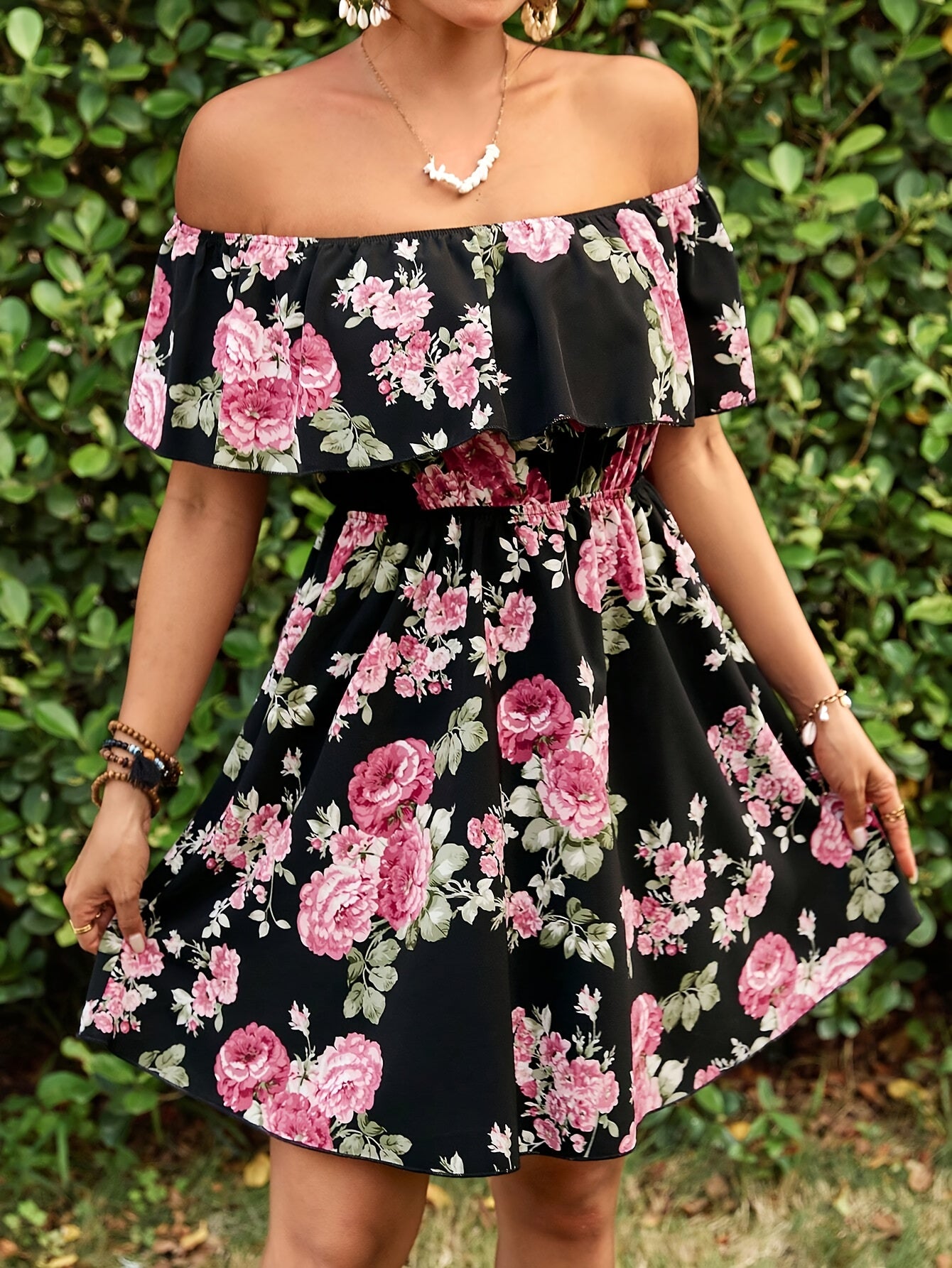 Chic Bloom, Elegant Off-Shoulder Floral Dress for Women - Ruffle Sleeves, A-Line, Perfect for Spring/Summer Vacations