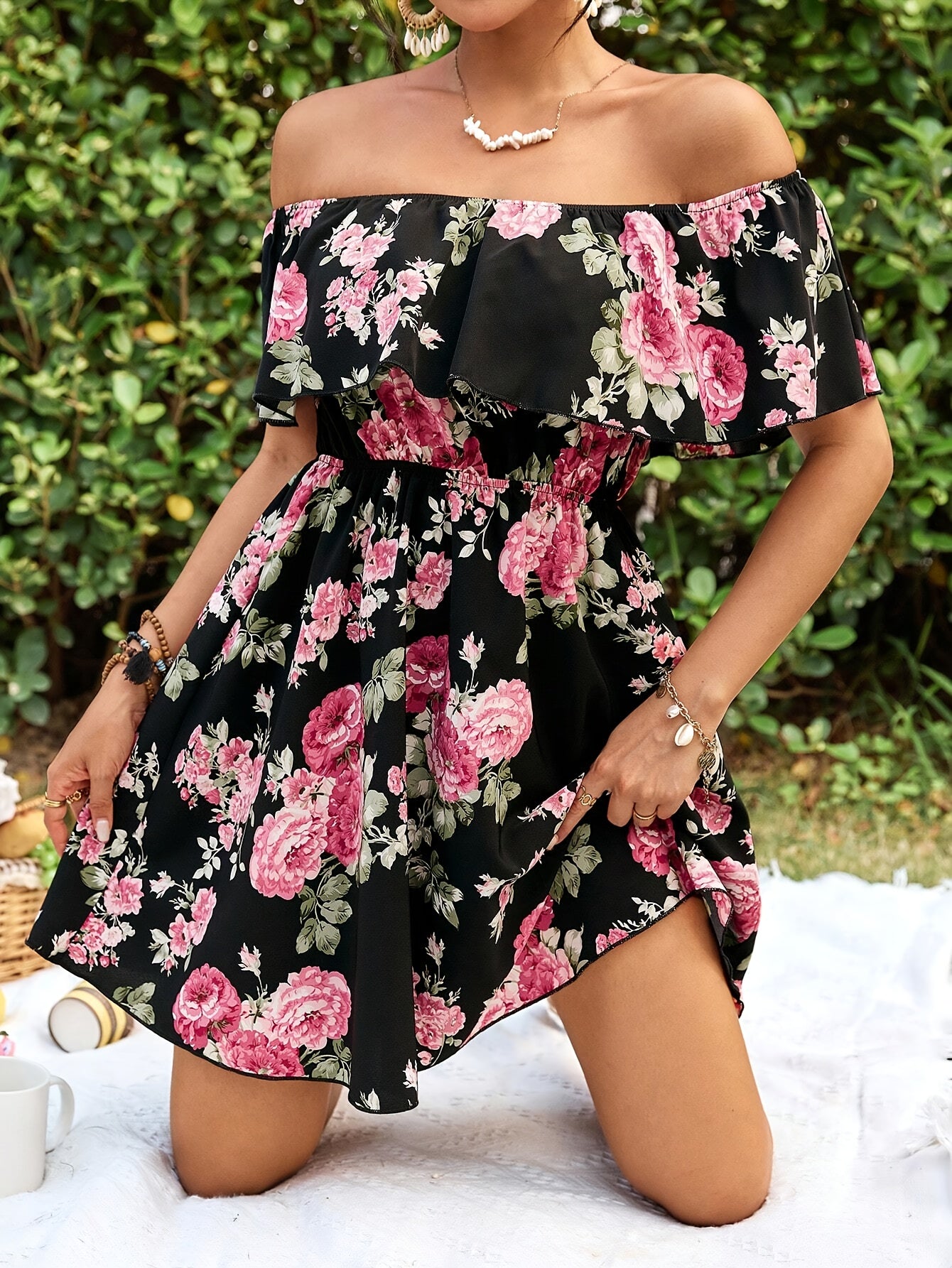Chic Bloom, Elegant Off-Shoulder Floral Dress for Women - Ruffle Sleeves, A-Line, Perfect for Spring/Summer Vacations