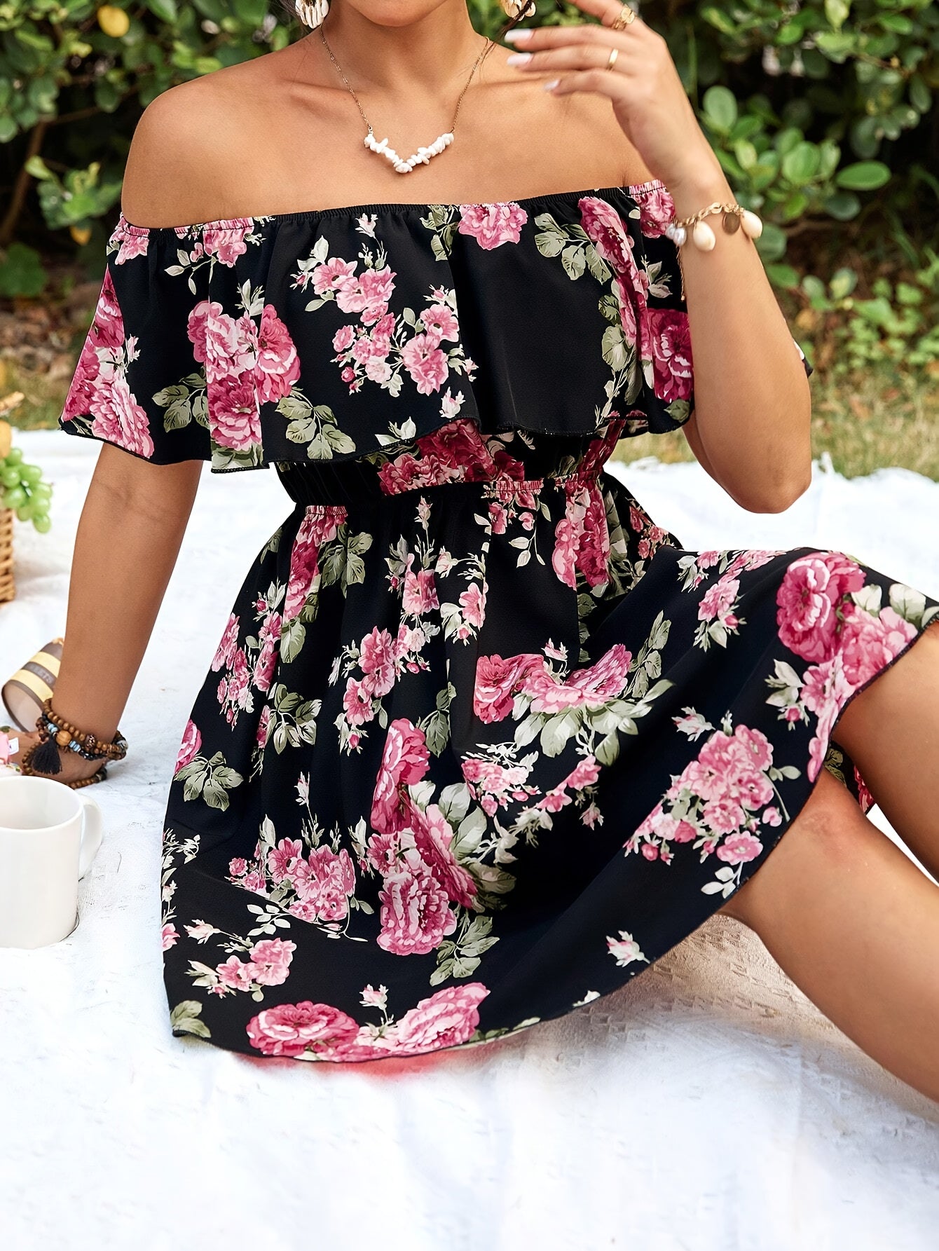 Chic Bloom, Elegant Off-Shoulder Floral Dress for Women - Ruffle Sleeves, A-Line, Perfect for Spring/Summer Vacations