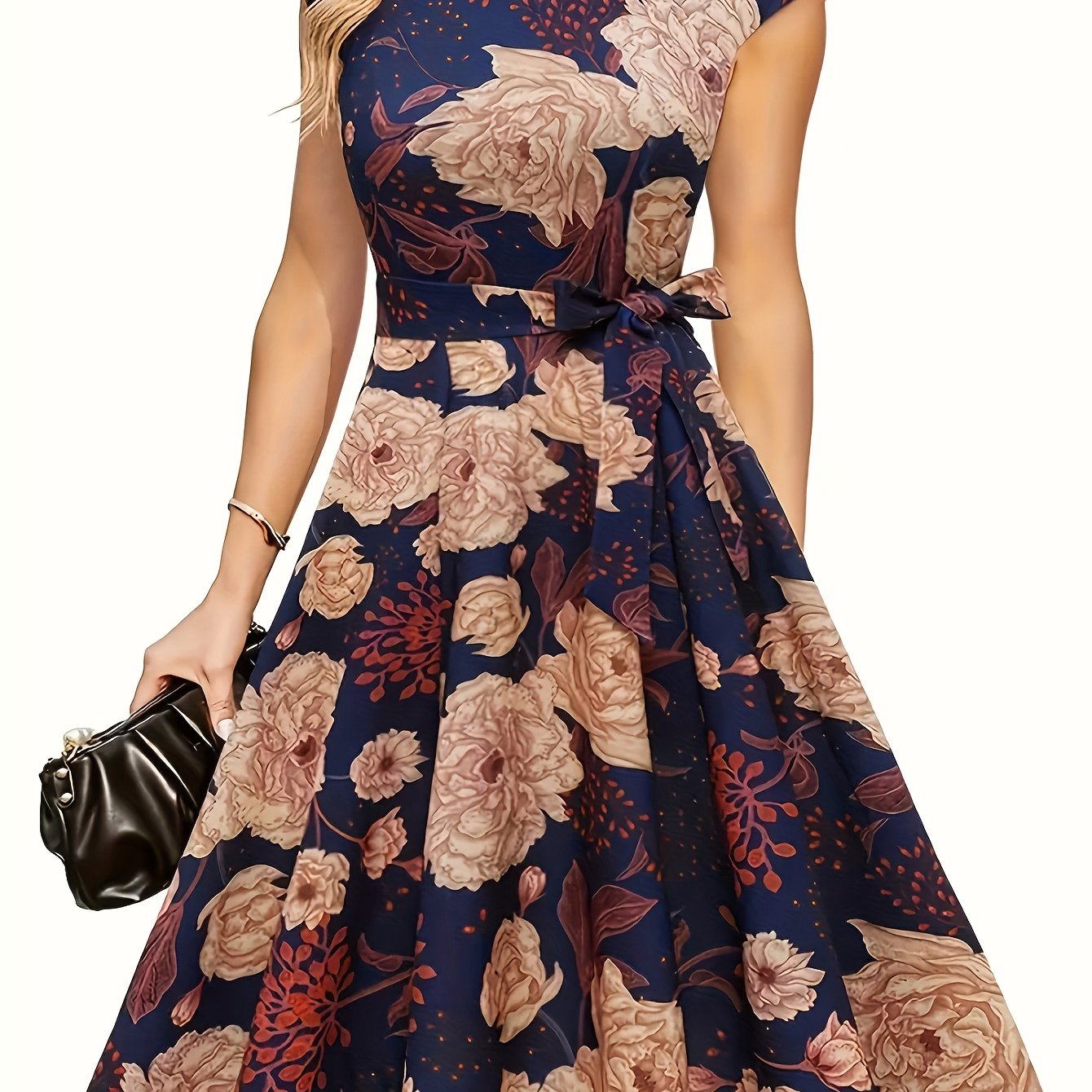 Elegant Floral Print Dress with Ribbon Waist - Sleeveless, Polyester, Round Neck, Zipper Closure, Perfect for Spring/Summer, Adult Women'S Fashion, Floral Dress | Floral Print Dress | Polyester Dress