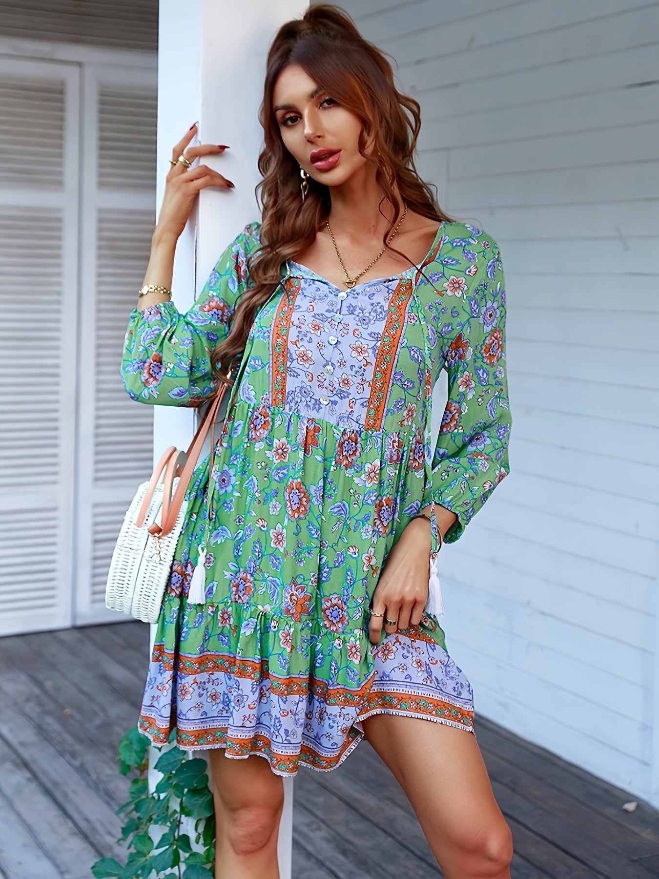 Boho Chic Floral Dress with Tassel Neck Tie - Ruffle Hem, Spring & Fall Womens Fashion