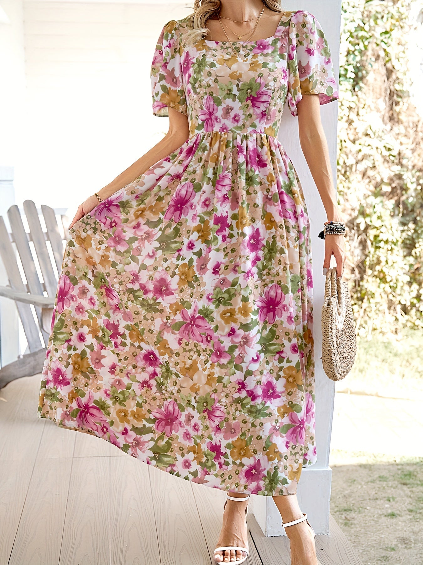 Elegant Floral Dress with Ruffle Sleeves for Women - Perfect for Spring and Summer