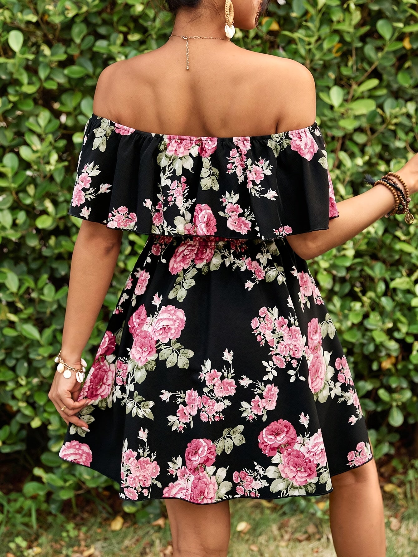 Chic Bloom, Elegant Off-Shoulder Floral Dress for Women - Ruffle Sleeves, A-Line, Perfect for Spring/Summer Vacations