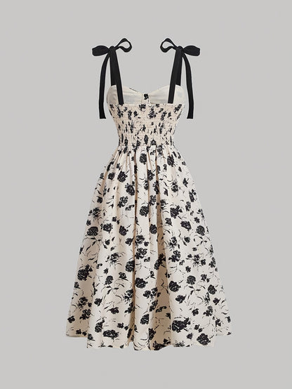 [Midi Chic V-Neck Floral Dress] Women'S Elegant V-Neck Floral Print Dress with Tie Straps, Polyester Knit Fabric, A-Line Silhouette, All-Season Chic Midi Dress for Adult
