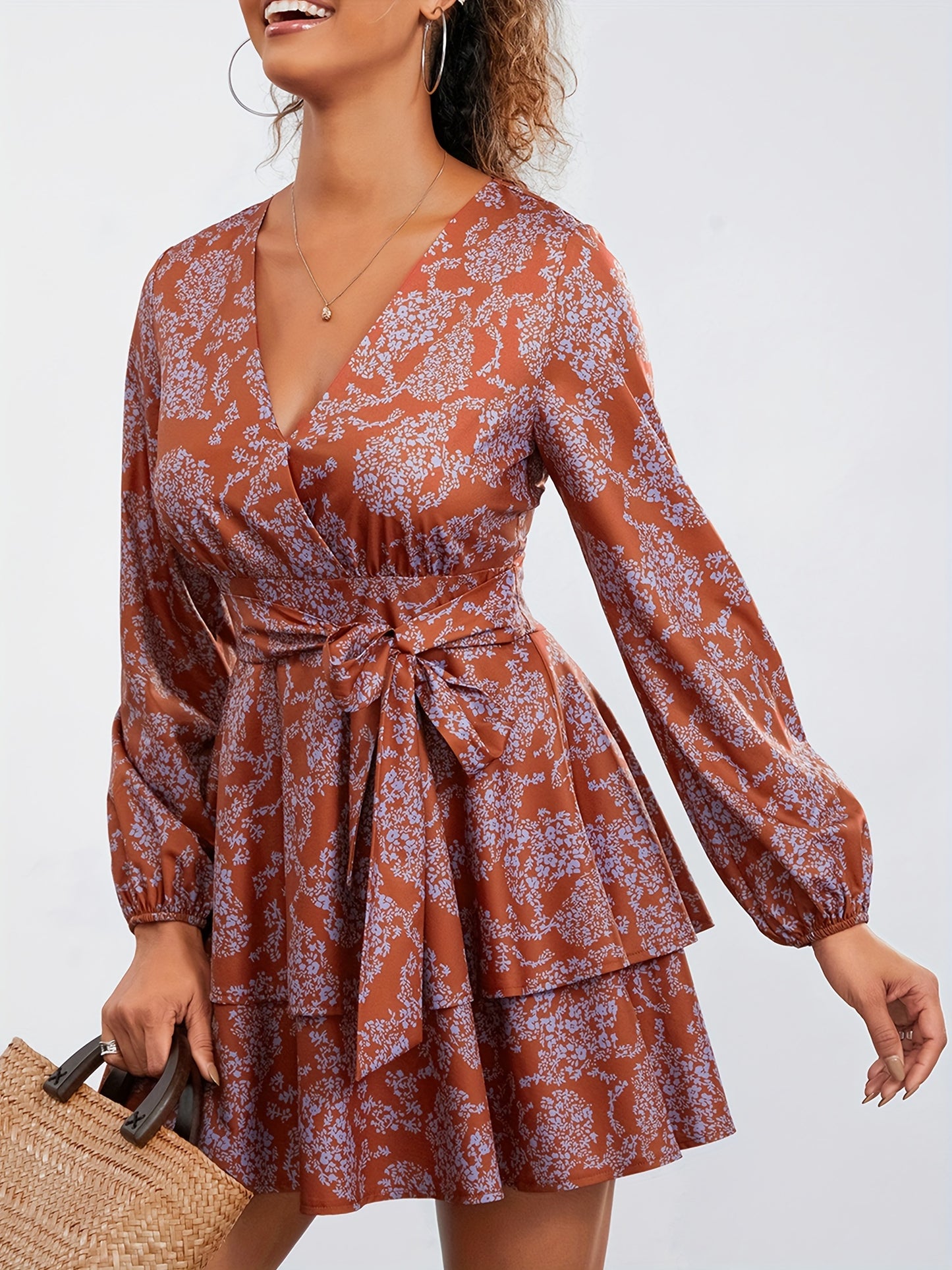 Elegant Floral V-Neck Dress for Women - Polyester, Machine Washable, Non-Sheer - Perfect for Spring/Summer/Fall, Floral, Dress, Elegant