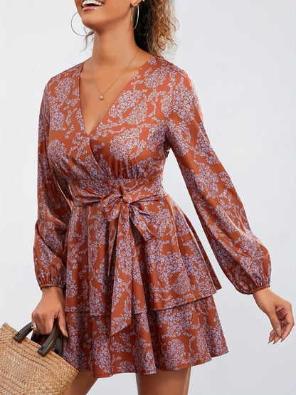 Elegant Floral V-Neck Dress for Women - Polyester, Machine Washable, Non-Sheer - Perfect for Spring/Summer/Fall, Floral, Dress, Elegant